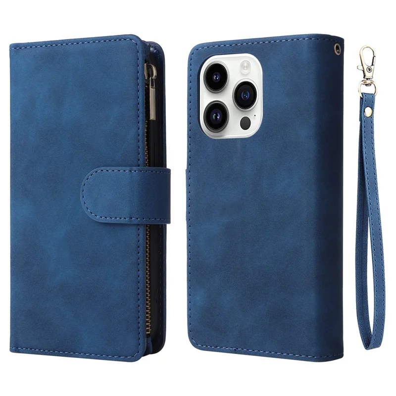 For iPhone 15 Pro Cell Phone Case Zipper Wallet PU Leather Stand Drop Resistant Cover - Blue