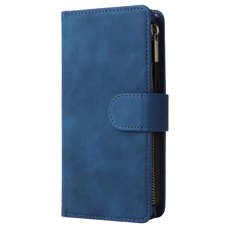 For iPhone 15 Pro Cell Phone Case Zipper Wallet PU Leather Stand Drop Resistant Cover - Blue