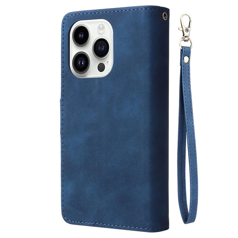 For iPhone 15 Pro Cell Phone Case Zipper Wallet PU Leather Stand Drop Resistant Cover - Blue