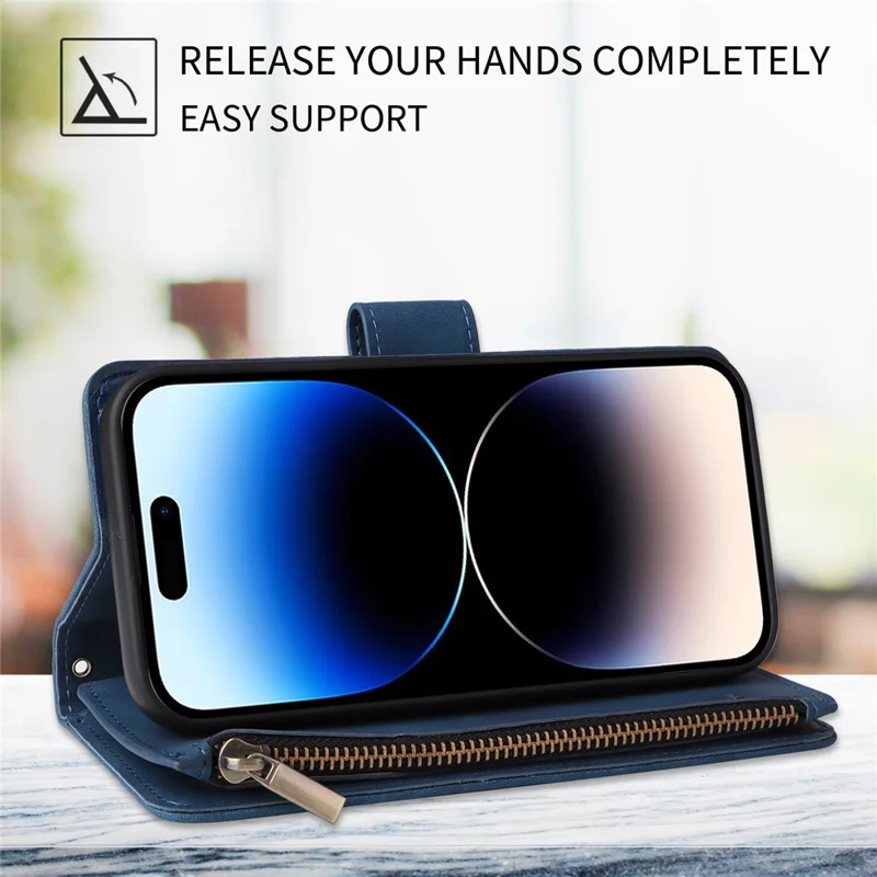 For iPhone 15 Pro Cell Phone Case Zipper Wallet PU Leather Stand Drop Resistant Cover - Blue