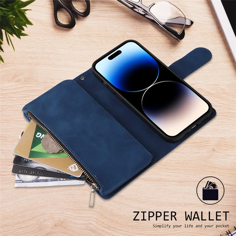 For iPhone 15 Pro Cell Phone Case Zipper Wallet PU Leather Stand Drop Resistant Cover - Blue