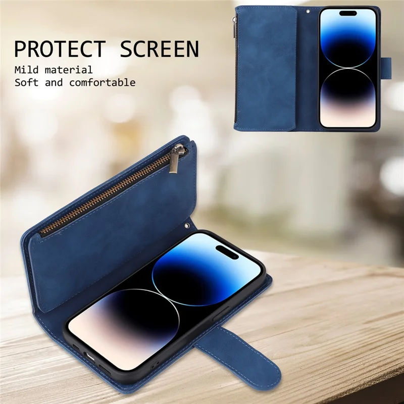 For iPhone 15 Pro Cell Phone Case Zipper Wallet PU Leather Stand Drop Resistant Cover - Blue