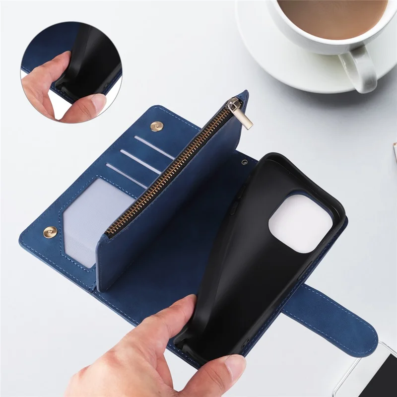 For iPhone 15 Pro Cell Phone Case Zipper Wallet PU Leather Stand Drop Resistant Cover - Blue