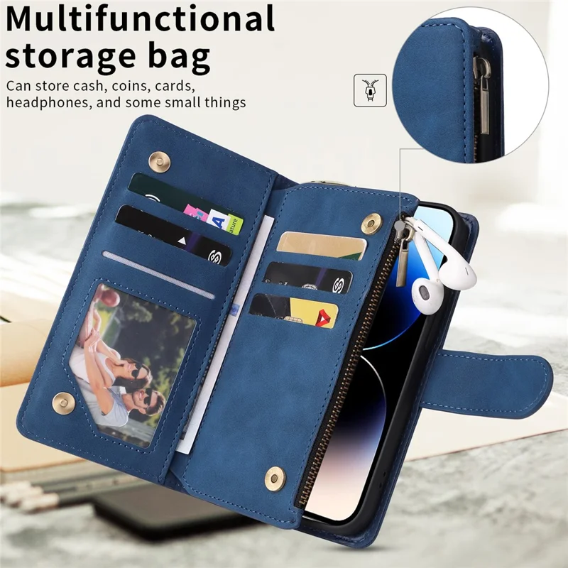 For iPhone 15 Pro Cell Phone Case Zipper Wallet PU Leather Stand Drop Resistant Cover - Blue