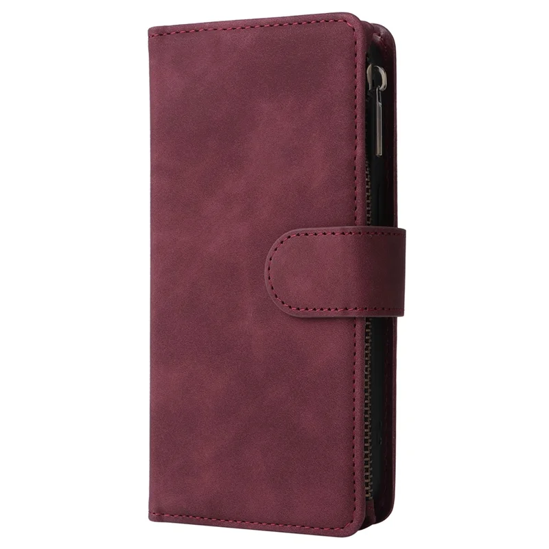 For iPhone 15 Pro Cell Phone Case Zipper Wallet PU Leather Stand Drop Resistant Cover - Wine Red