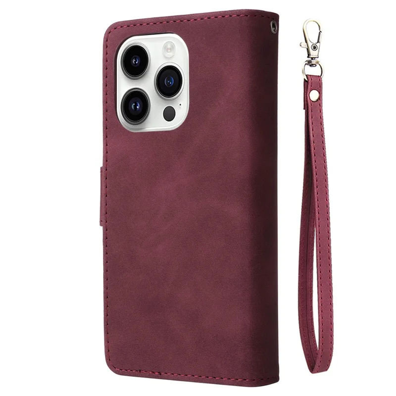 For iPhone 15 Pro Cell Phone Case Zipper Wallet PU Leather Stand Drop Resistant Cover - Wine Red
