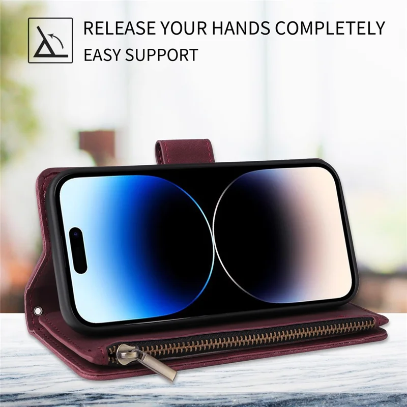 For iPhone 15 Pro Cell Phone Case Zipper Wallet PU Leather Stand Drop Resistant Cover - Wine Red