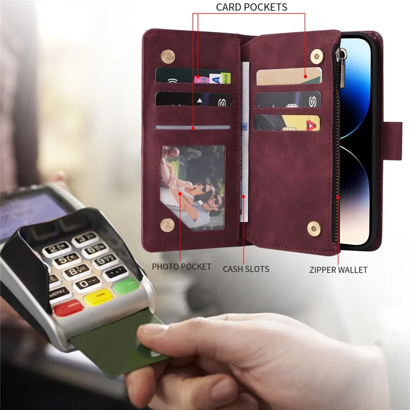 For iPhone 15 Pro Cell Phone Case Zipper Wallet PU Leather Stand Drop Resistant Cover - Wine Red