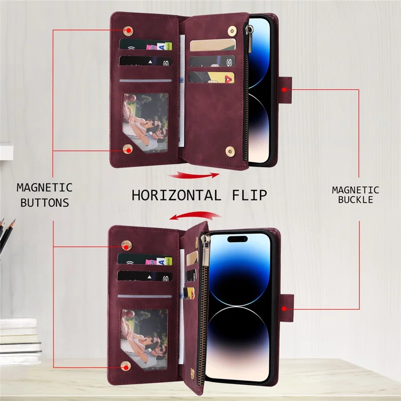 For iPhone 15 Pro Cell Phone Case Zipper Wallet PU Leather Stand Drop Resistant Cover - Wine Red