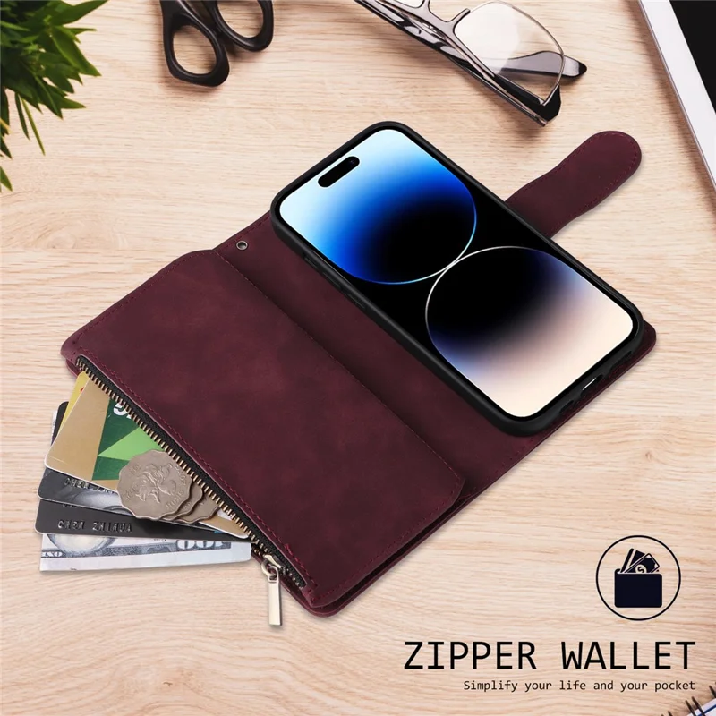 For iPhone 15 Pro Cell Phone Case Zipper Wallet PU Leather Stand Drop Resistant Cover - Wine Red