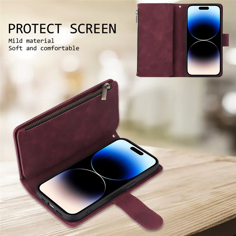 For iPhone 15 Pro Cell Phone Case Zipper Wallet PU Leather Stand Drop Resistant Cover - Wine Red