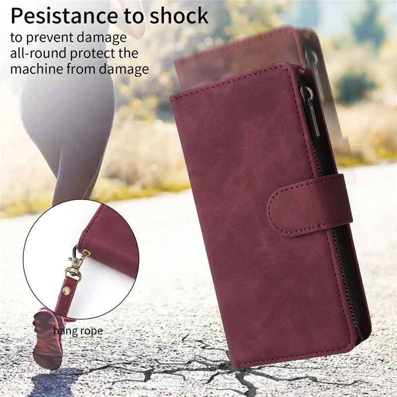 For iPhone 15 Pro Cell Phone Case Zipper Wallet PU Leather Stand Drop Resistant Cover - Wine Red