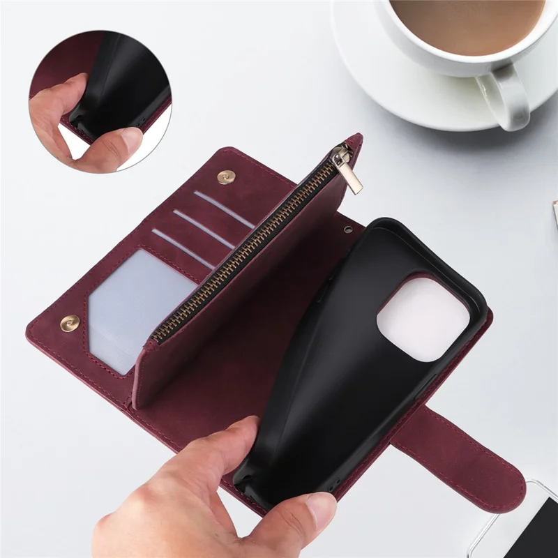 For iPhone 15 Pro Cell Phone Case Zipper Wallet PU Leather Stand Drop Resistant Cover - Wine Red