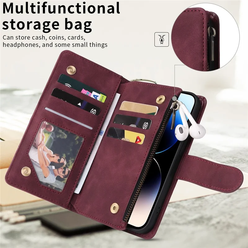 For iPhone 15 Pro Cell Phone Case Zipper Wallet PU Leather Stand Drop Resistant Cover - Wine Red