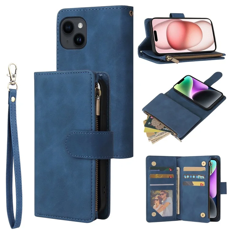 For iPhone 15 Case Multiple Card Slots Drop-proof PU Leather Phone Cover with Zipper Wallet - Blue