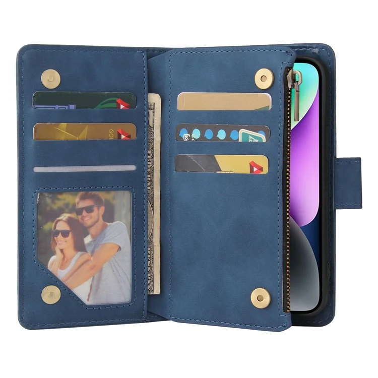For iPhone 15 Case Multiple Card Slots Drop-proof PU Leather Phone Cover with Zipper Wallet - Blue