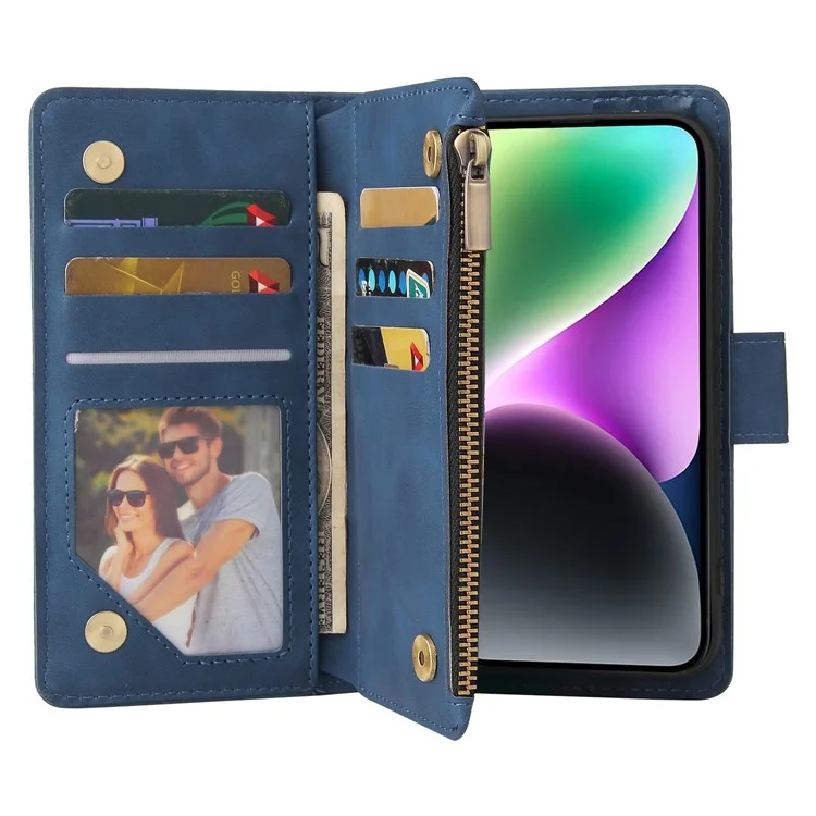For iPhone 15 Case Multiple Card Slots Drop-proof PU Leather Phone Cover with Zipper Wallet - Blue