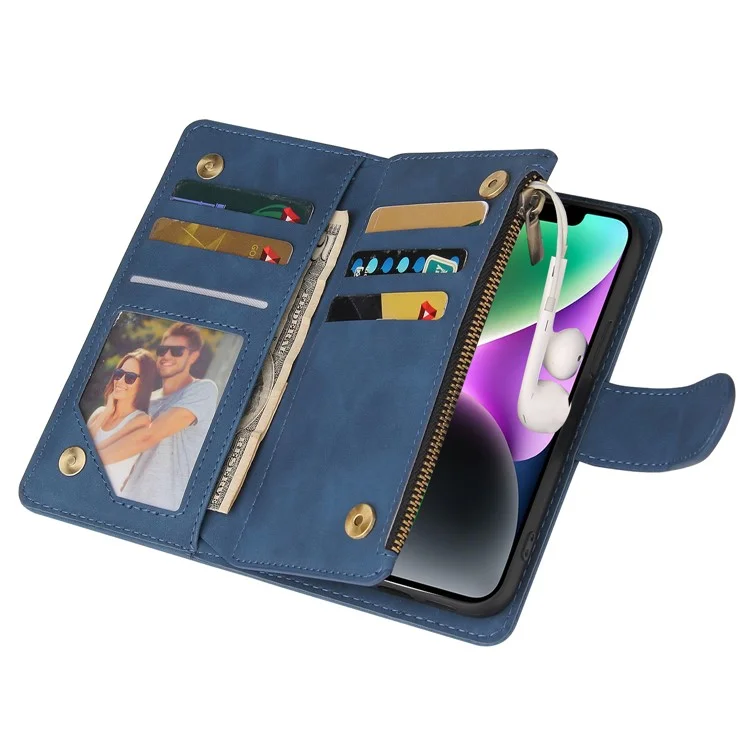 For iPhone 15 Case Multiple Card Slots Drop-proof PU Leather Phone Cover with Zipper Wallet - Blue