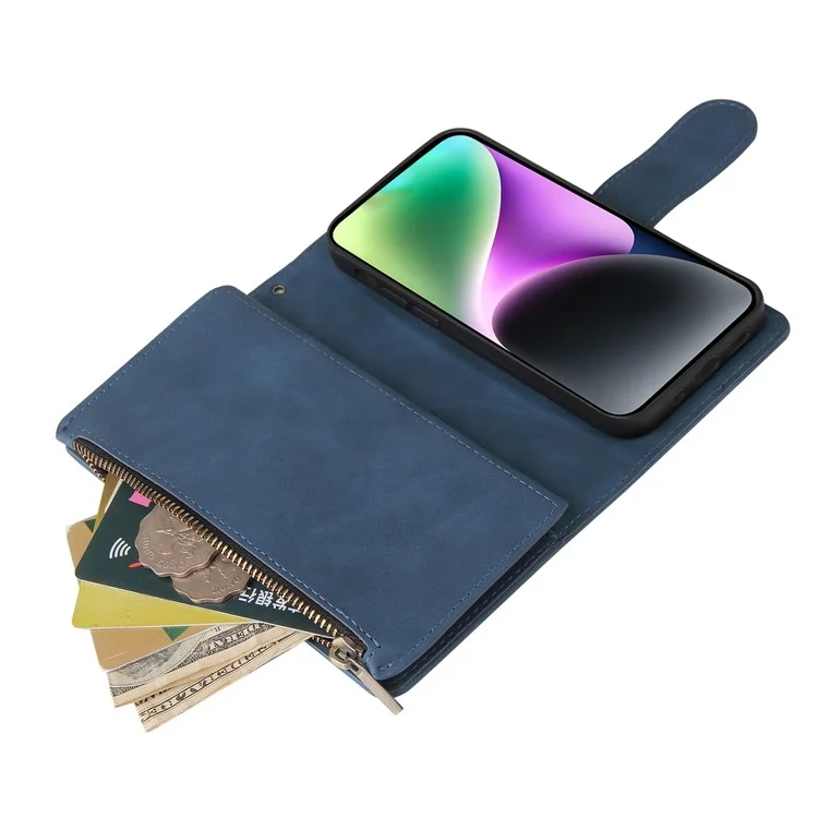 For iPhone 15 Case Multiple Card Slots Drop-proof PU Leather Phone Cover with Zipper Wallet - Blue