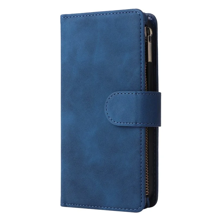 For iPhone 15 Case Multiple Card Slots Drop-proof PU Leather Phone Cover with Zipper Wallet - Blue