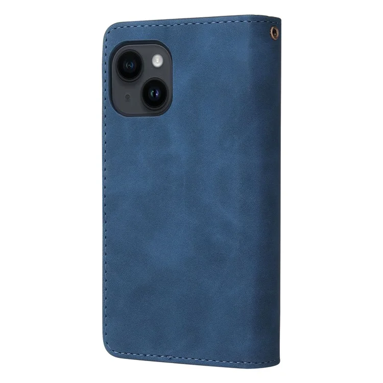 For iPhone 15 Case Multiple Card Slots Drop-proof PU Leather Phone Cover with Zipper Wallet - Blue