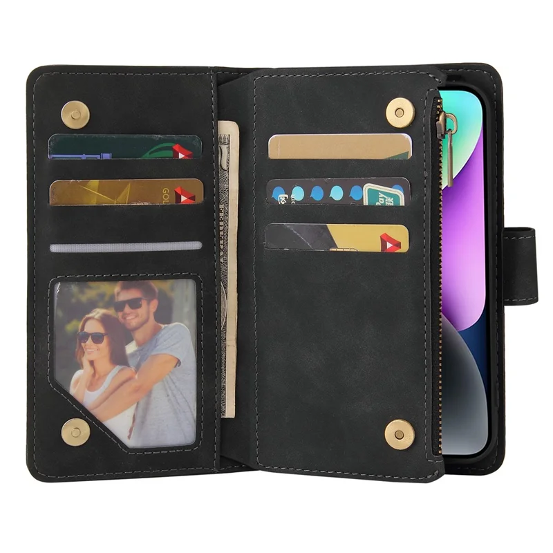 For iPhone 15 Case Multiple Card Slots Drop-proof PU Leather Phone Cover with Zipper Wallet - Black