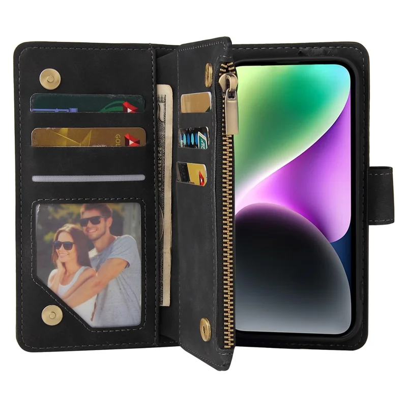 For iPhone 15 Case Multiple Card Slots Drop-proof PU Leather Phone Cover with Zipper Wallet - Black