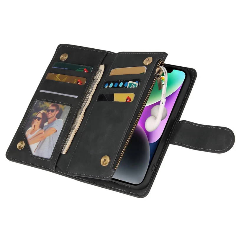 For iPhone 15 Case Multiple Card Slots Drop-proof PU Leather Phone Cover with Zipper Wallet - Black
