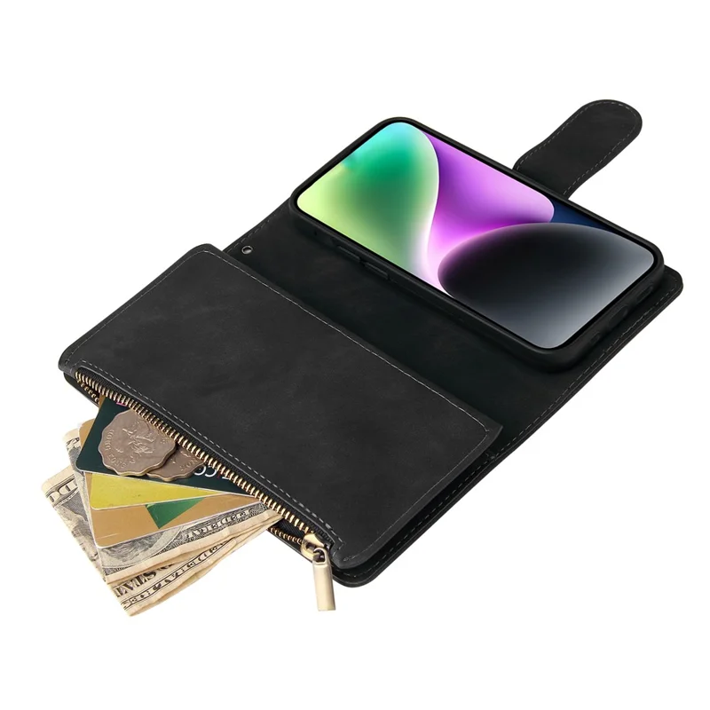 For iPhone 15 Case Multiple Card Slots Drop-proof PU Leather Phone Cover with Zipper Wallet - Black