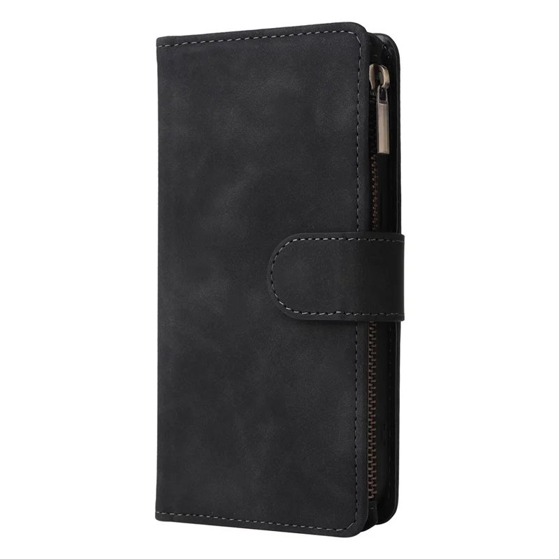 For iPhone 15 Case Multiple Card Slots Drop-proof PU Leather Phone Cover with Zipper Wallet - Black