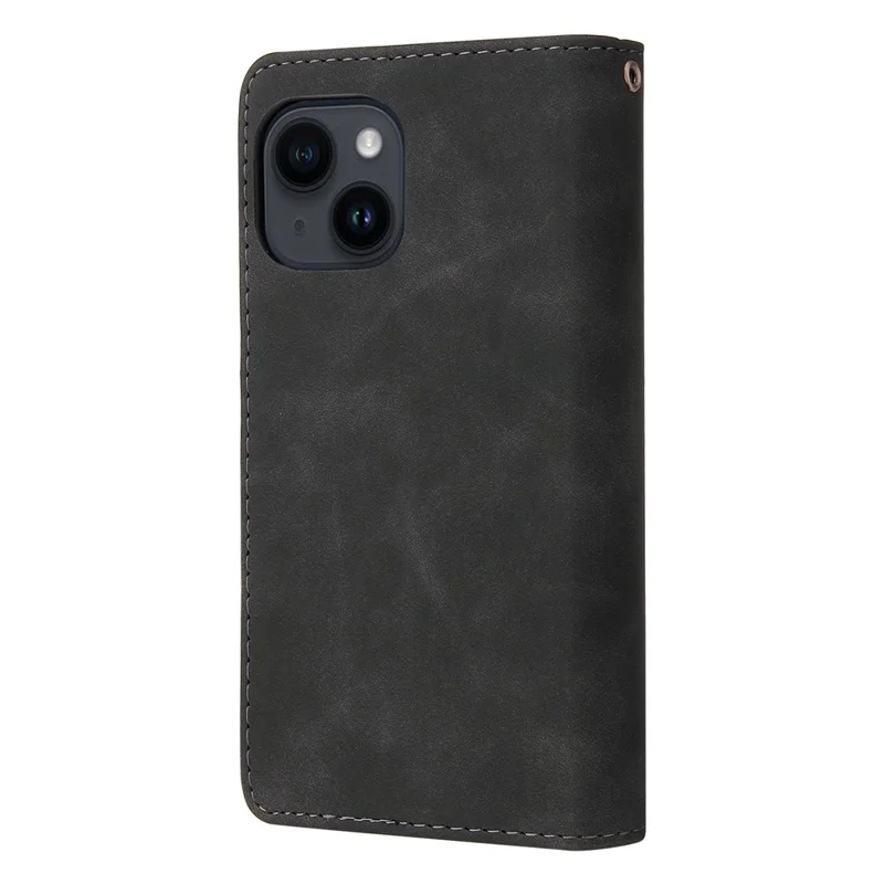 For iPhone 15 Case Multiple Card Slots Drop-proof PU Leather Phone Cover with Zipper Wallet - Black