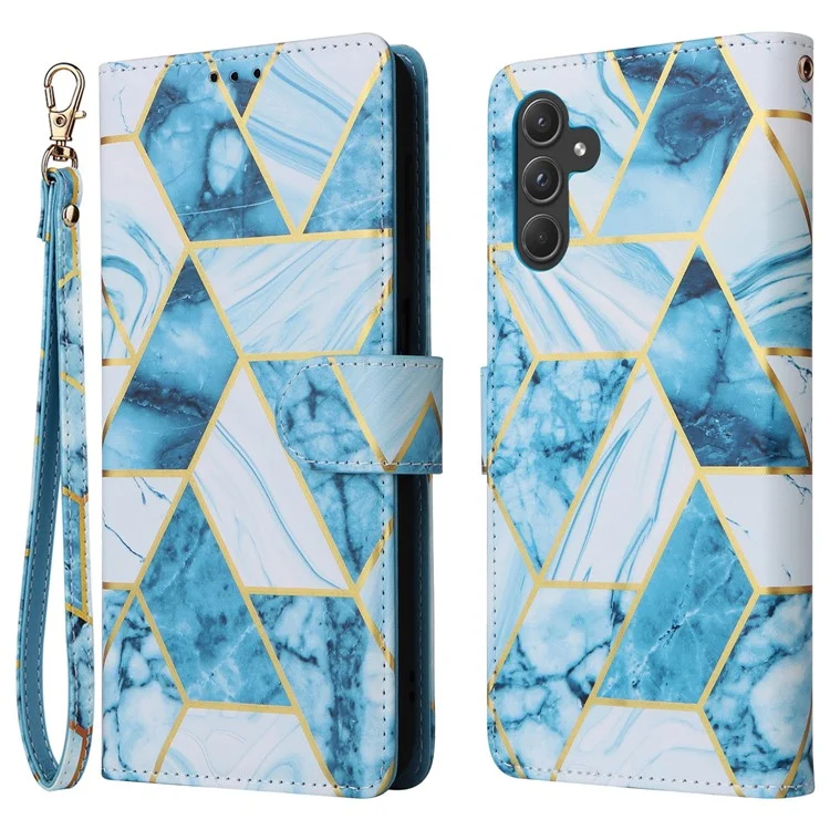 For Samsung Galaxy A55 5G Case Lacquered Leather Flip Wallet Cover Marble Pattern - Blue
