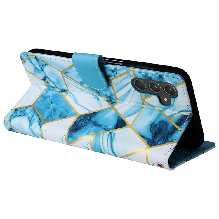 For Samsung Galaxy A55 5G Case Lacquered Leather Flip Wallet Cover Marble Pattern - Blue