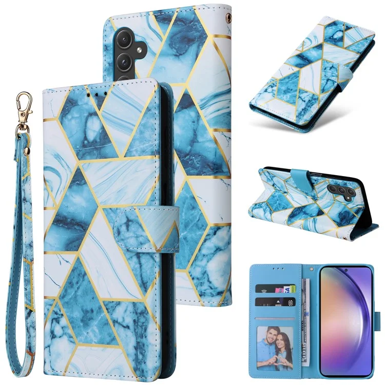 For Samsung Galaxy A55 5G Case Lacquered Leather Flip Wallet Cover Marble Pattern - Blue