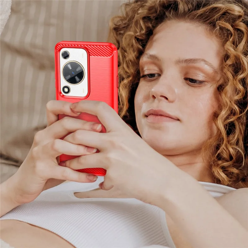 For Huawei Enjoy 70 4G / nova Y72 4G TPU Case Brushed Phone Cover Carbon Fiber Texture - Red