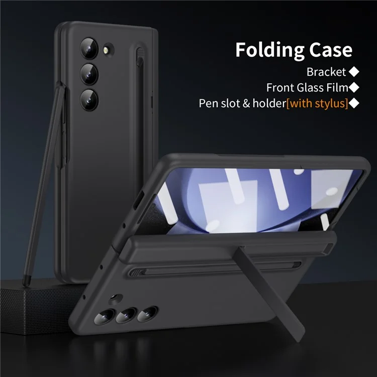 Para Samsung Galaxy Z Fold5 5G Full Guard Case Hard PC Kickstand Phone Cover with Glass Film, Stylus - Preto