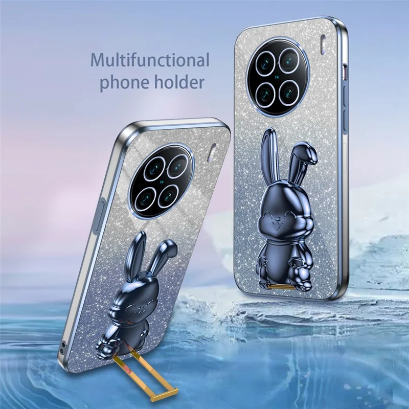 Para vivo X90 Pro+ 5G Slim PC+TPU Case Rabbit Design Kickstand Phone Cover - Azul