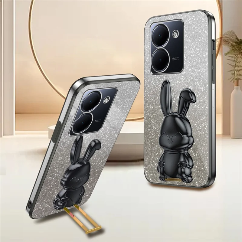 Per vivo Y78 5G (Cina) / Y27 5G / Y36 5G / 4G (Globale) Custodia Sottile con Design a Coniglio e Supporto - Nero