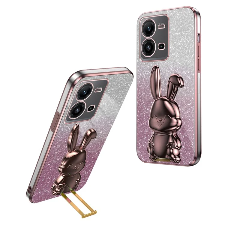 Pour Vivo V25 5G Kickstand Case Rabbit Design pc + Tpu Téléphone Couverture - Rose