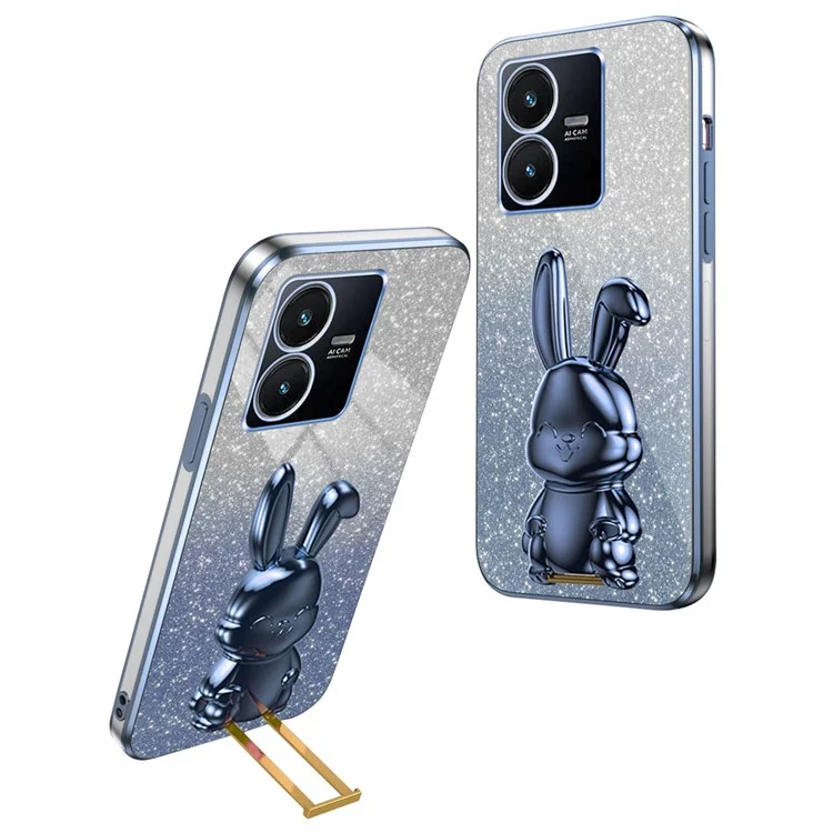 Para vivo Y22s 4G / Y22 4G Protective Case Rabbit Design Kickstand PC+TPU Phone Cover - Azul