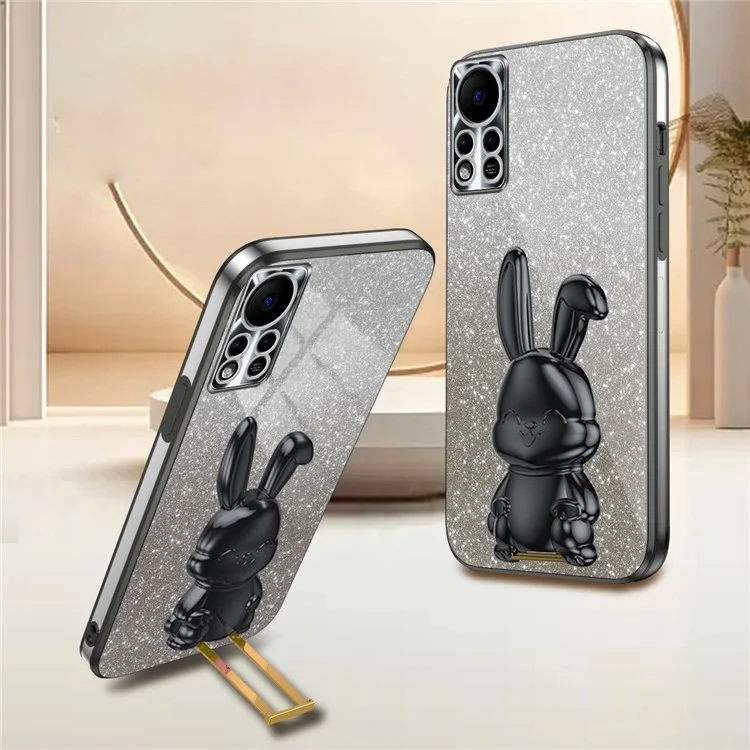 Para Infinix Hot 11s NFC 4G PC+TPU Case Rabbit Design Kickstand Phone Cover - Preto