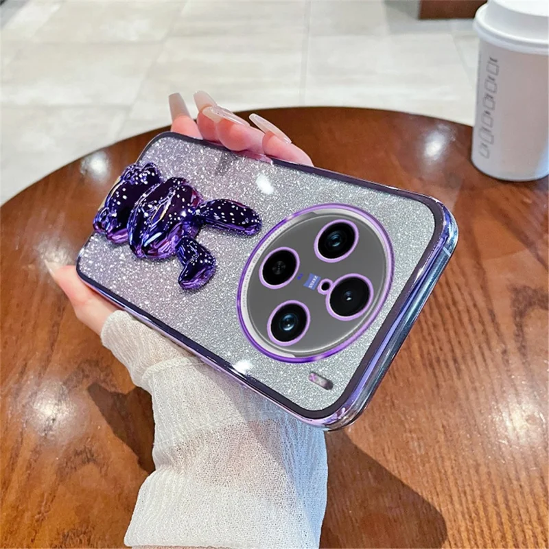 For vivo X100 Pro 5G Cell Phone Case Cute Rabbit Anti-scratch Glitter Back Cover with Kickstand - Purple