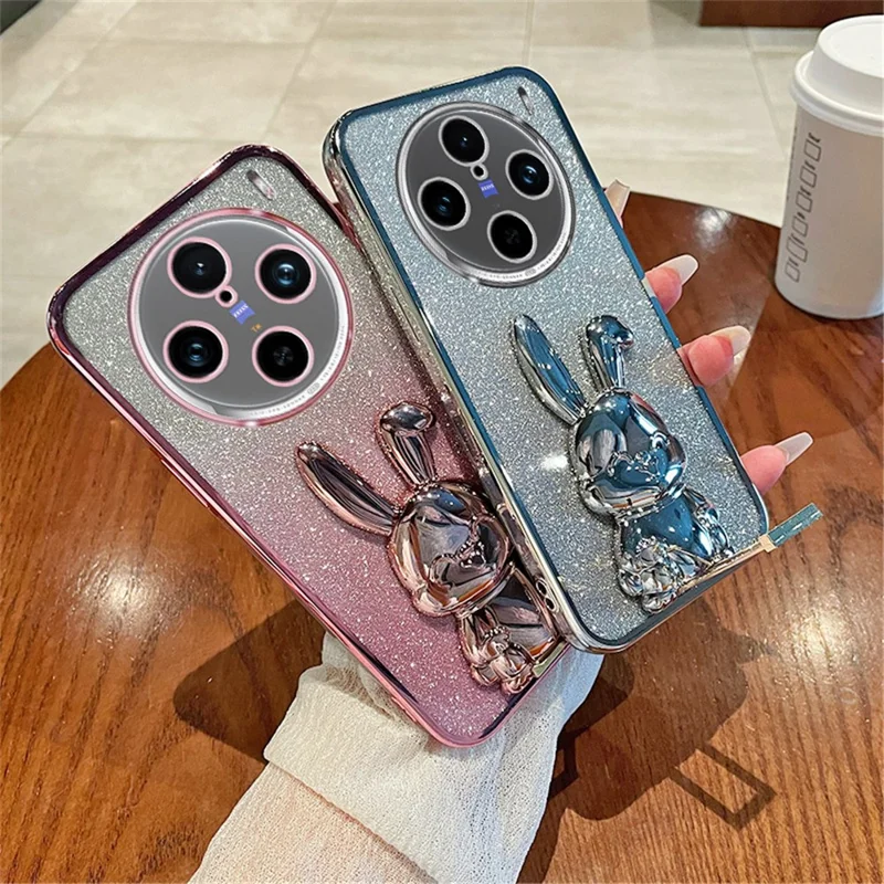 For vivo X100 Pro 5G Cell Phone Case Cute Rabbit Anti-scratch Glitter Back Cover with Kickstand - Purple