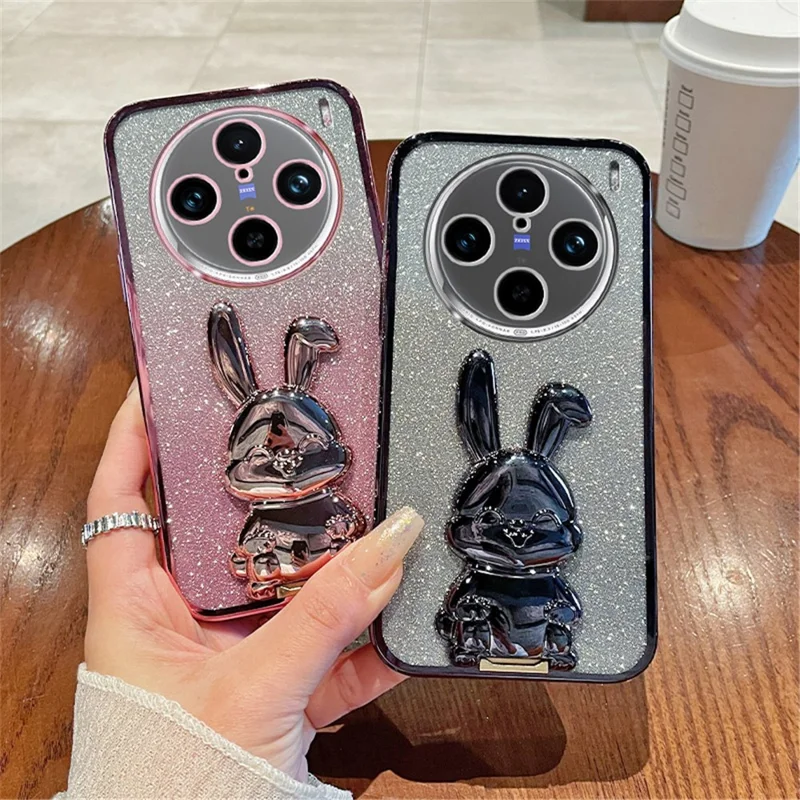 For vivo X100 Pro 5G Cell Phone Case Cute Rabbit Anti-scratch Glitter Back Cover with Kickstand - Purple