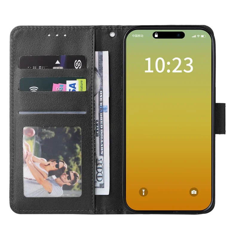 For iPhone 15 Pro Cases PU Leather Phone Cover Cell Phone Case Wallet with Stand Function - Black