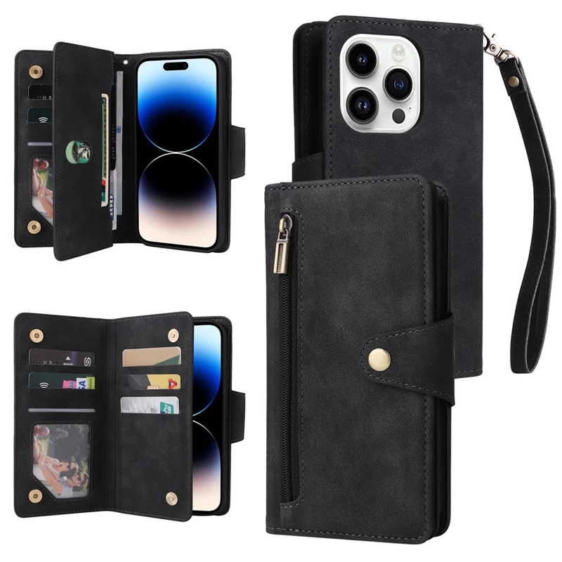 Для iPhone 15 Pro Anti-Scratch PU Leather Wallet Rivet Decor Case Stand Phone Cover with Strap - Black