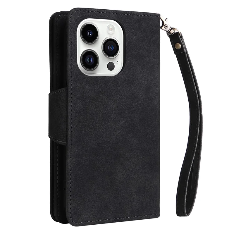 Для iPhone 15 Pro Anti-Scratch PU Leather Wallet Rivet Decor Case Stand Phone Cover with Strap - Black