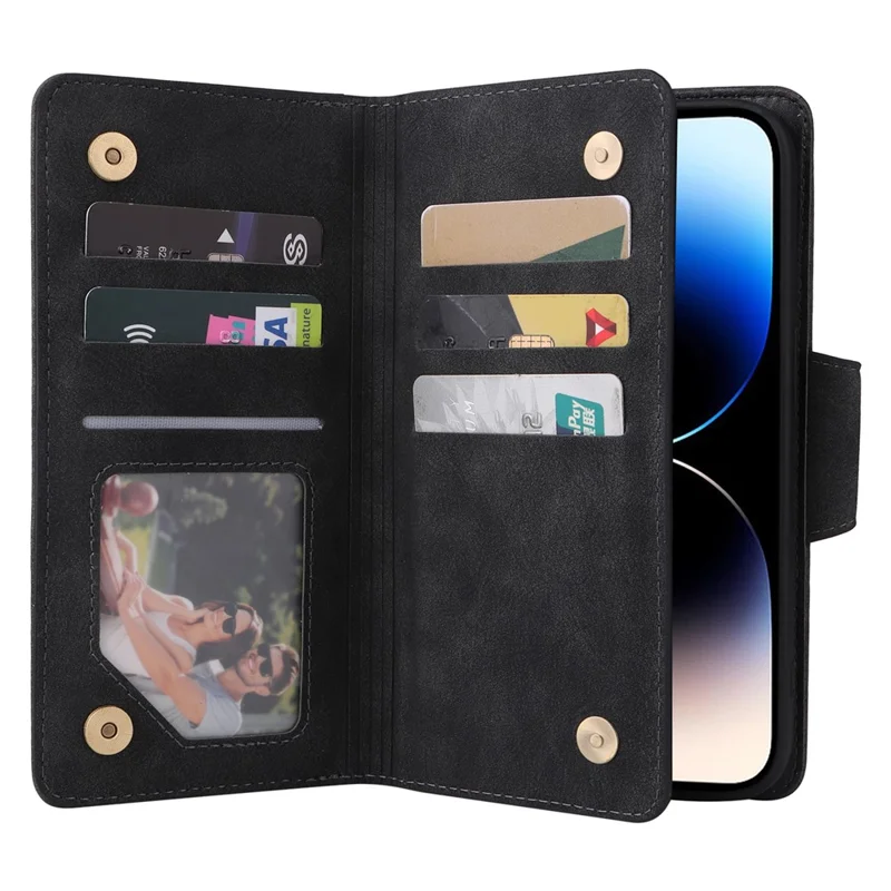 Для iPhone 15 Pro Anti-Scratch PU Leather Wallet Rivet Decor Case Stand Phone Cover with Strap - Black