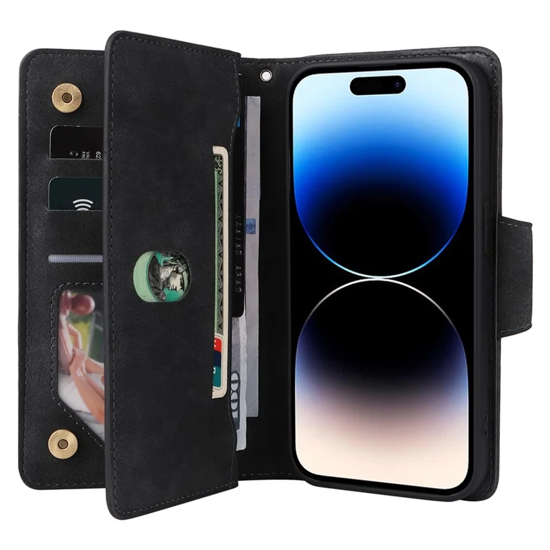 Для iPhone 15 Pro Anti-Scratch PU Leather Wallet Rivet Decor Case Stand Phone Cover with Strap - Black