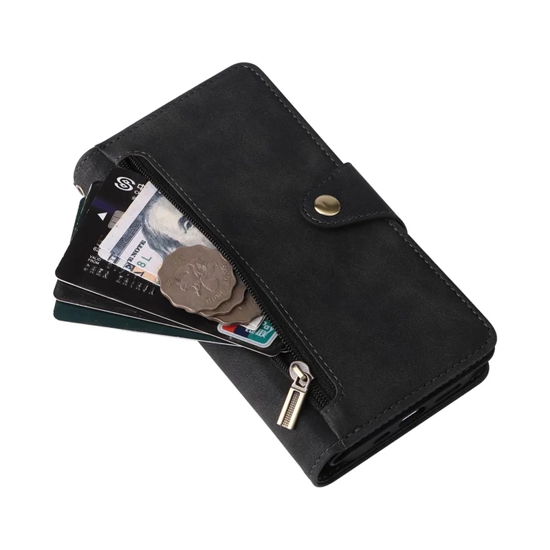 Для iPhone 15 Pro Anti-Scratch PU Leather Wallet Rivet Decor Case Stand Phone Cover with Strap - Black